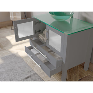 36" Gray Vanity Set w/ Freestanding Solid Wood, Glass Top, & Single Vessel Sink, Cambridge Plumbing 8111B-G