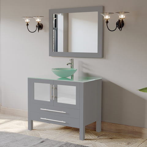Image of 36" Gray Vanity Set w/ Freestanding Solid Wood, Glass Top, & Single Vessel Sink, Cambridge Plumbing 8111B-G
