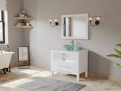 36" White Vanity Set w/ Freestanding Solid Wood, Glass Top, & Single Vessel Sink, Cambridge Plumbing 8111BW-BN