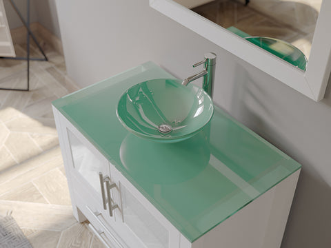 Image of 36" White Vanity Set w/ Freestanding Solid Wood, Glass Top, & Single Vessel Sink, Cambridge Plumbing 8111BW-BN