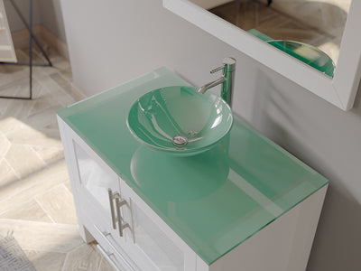 36" White Vanity Set w/ Freestanding Solid Wood, Glass Top, & Single Vessel Sink, Cambridge Plumbing 8111BW-BN