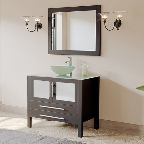 Image of 36" Espresso Vanity Set w/ Freestanding Solid Wood, Glass Top, & Single Vessel Sink, Cambridge Plumbing 8111-B