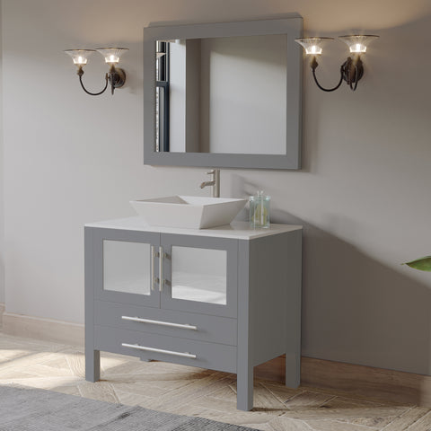 Image of 36" Gray Vanity Set w/ Freestanding Solid Wood, Porcelain Top, & Single Vessel Sink, Cambridge Plumbing 8111G