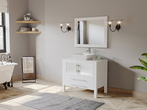 Image of 36" White Vanity Set w/ Freestanding Solid Wood, Porcelain Top, & Single Vessel Sink, Cambridge Plumbing 8111W