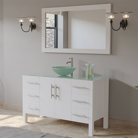 Image of 48" White Vanity Set w/ Freestanding Solid Wood & Glass Top Single Vessel Sink, Cambridge Plumbing 8116B-W