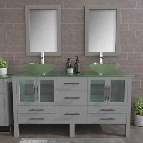 Image of 63" Gray Vanity Set w/ Glass Top, Double Vessel Sinks, & Freestanding Solid Wood, Cambridge Plumbing 8119B-G