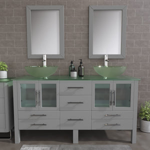 63" Gray Vanity Set w/ Glass Top, Double Vessel Sinks, & Freestanding Solid Wood, Cambridge Plumbing 8119B-G