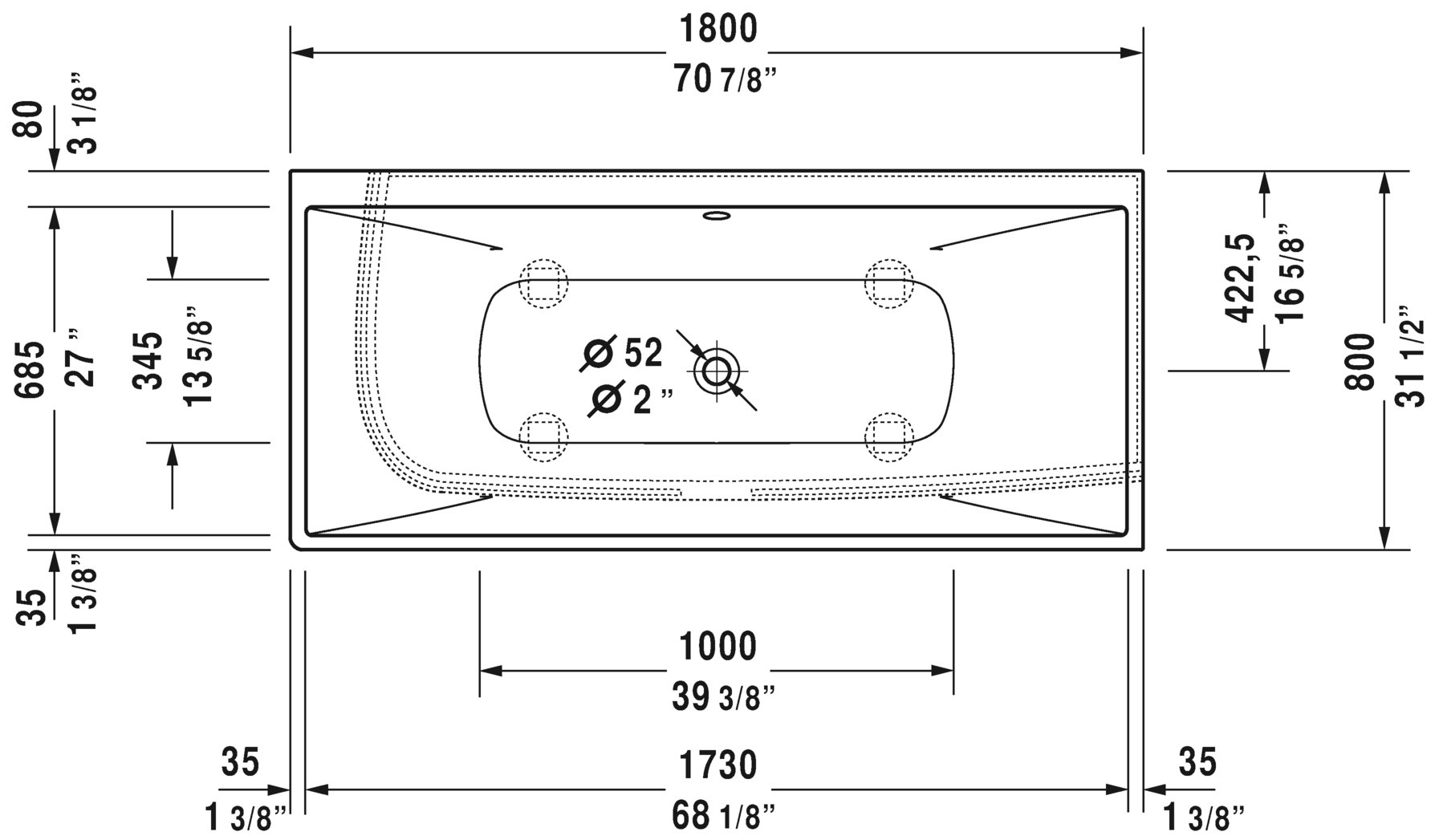 Duravit DuraSquare 70 7/8" Corner Right Bathtub, White 700428000000090