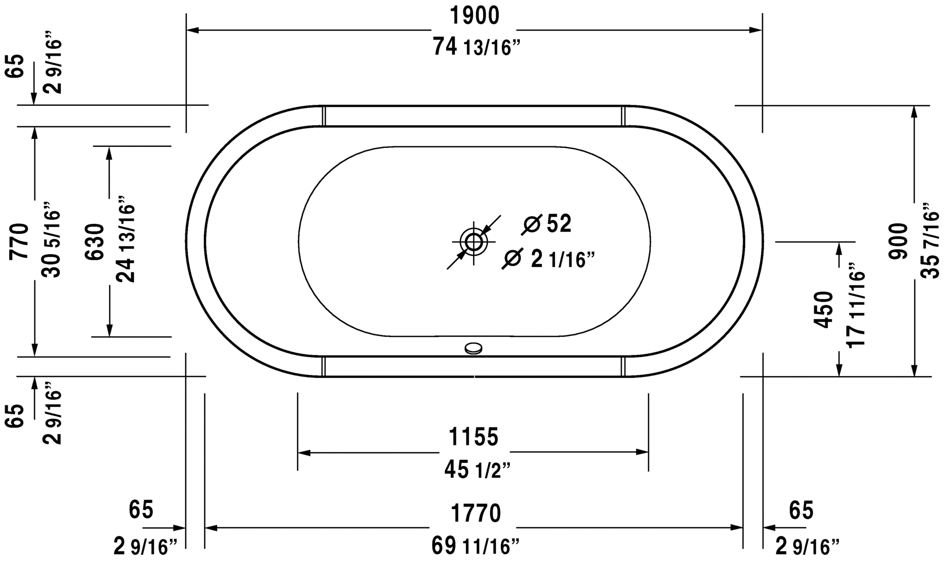 Duravit Starck 74 13/16" Oval Bathtub, White 700011000000090