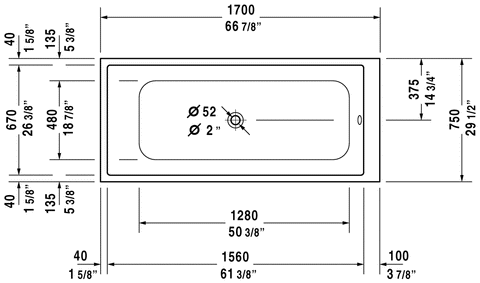 Image of Duravit DuraStyle Rectangular 66 7/8" Built In Bathtub, White 700231000000090