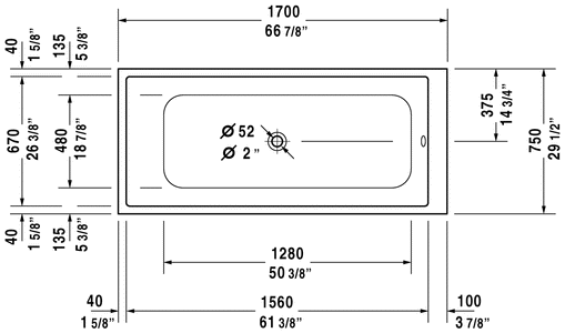 Duravit DuraStyle Rectangular 66 7/8" Built In Bathtub, White 700231000000090