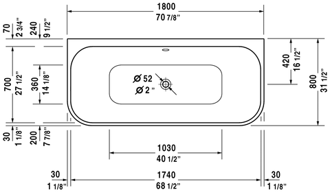 Image of Duravit Happy D.2 70 7/8" Back-To-Wall Bathtub, White 700318000000090