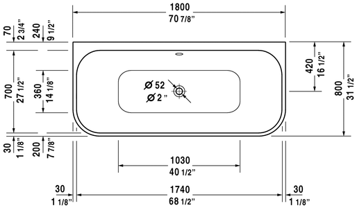 Duravit Happy D.2 70 7/8" Back-To-Wall Bathtub, White 700318000000090