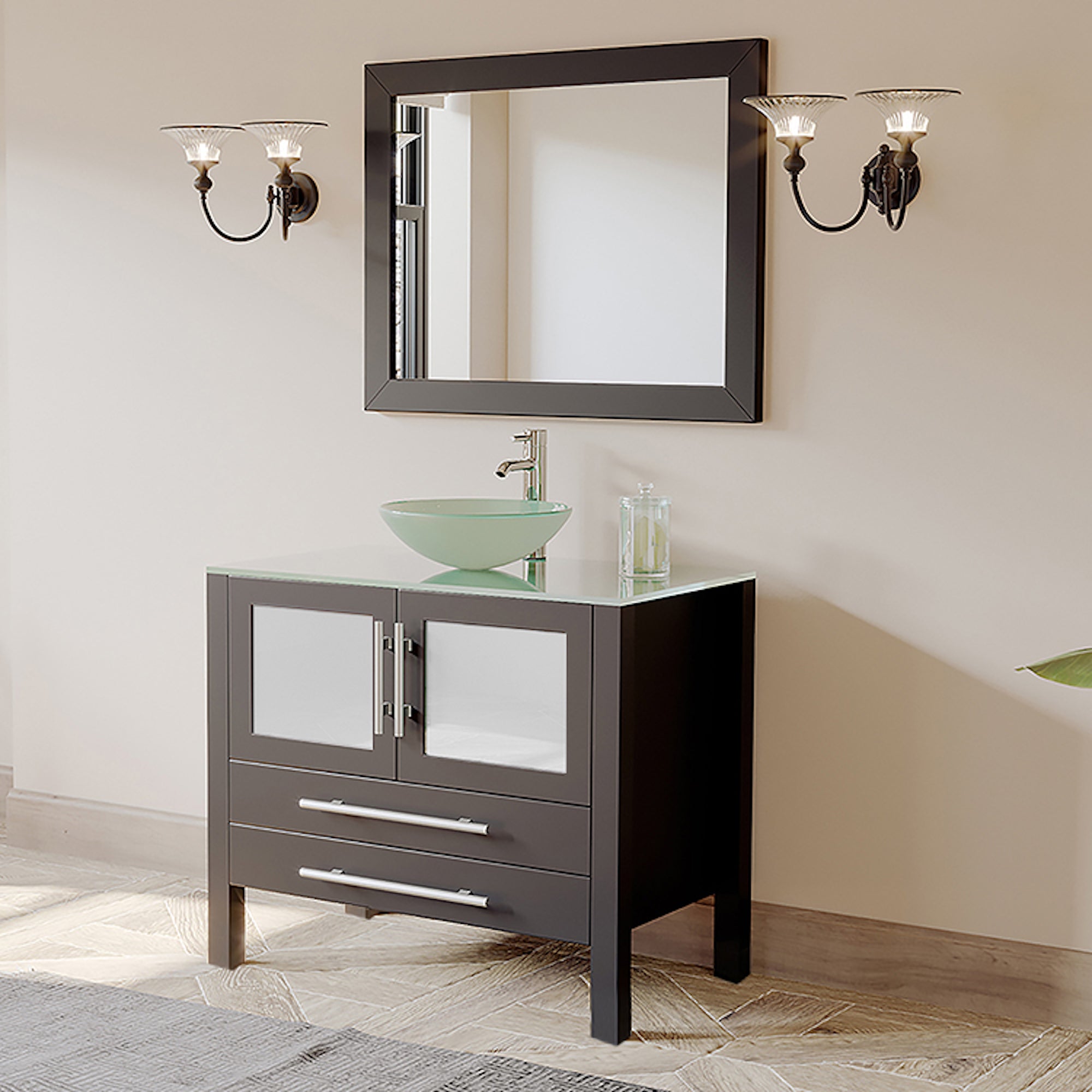36" Espresso Vanity Set w/ Freestanding Solid Wood, Glass Top, & Single Vessel Sink, Cambridge Plumbing 8111-B