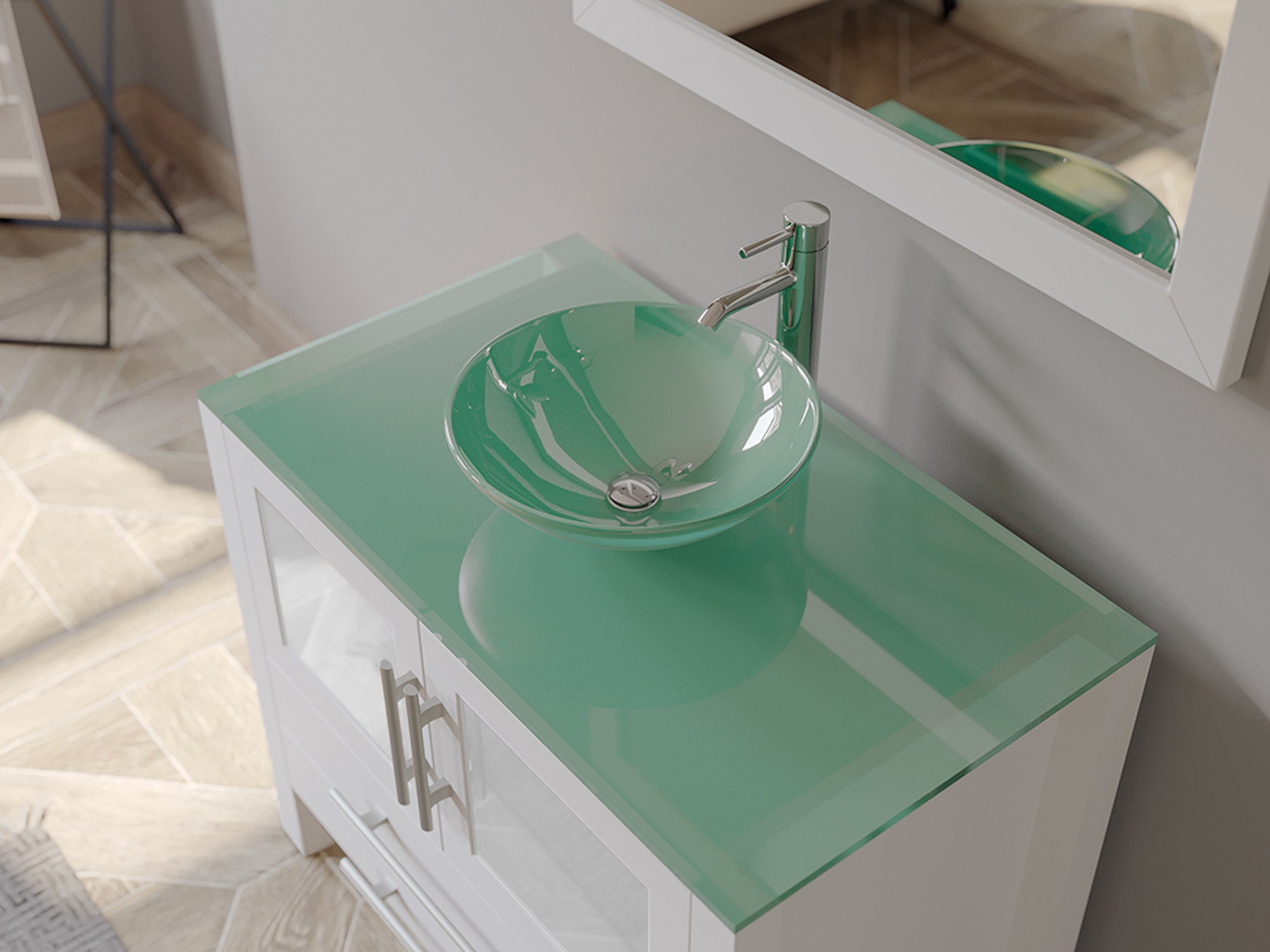 36" White Vanity Set w/ Freestanding Solid Wood, Glass Top, & Single Vessel Sink, Cambridge Plumbing 8111BW-BN