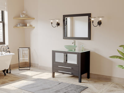 36" Espresso Vanity Set w/ Freestanding Solid Wood, Glass Top, & Single Vessel Sink, Cambridge Plumbing 8111-B