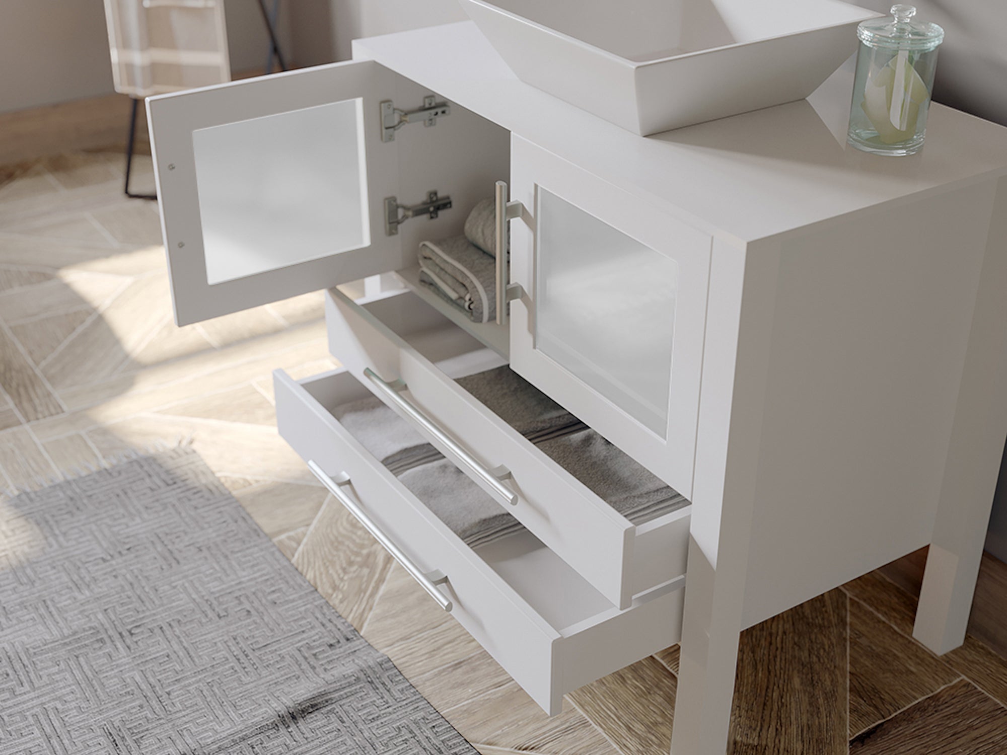 36" White Vanity Set w/ Freestanding Solid Wood, Porcelain Top, & Single Vessel Sink, Cambridge Plumbing 8111W