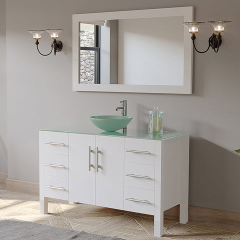 Image of 48" White Vanity Set w/ Freestanding Solid Wood & Glass Top Single Vessel Sink, Cambridge Plumbing 8116B-W