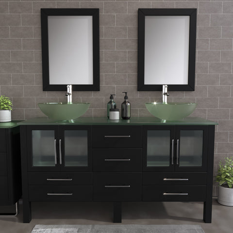 Image of 72" Espresso Vanity Set w/ Glass Top, Double Vessel Sinks, & Freestanding Solid Wood, Cambridge Plumbing 8119BXL