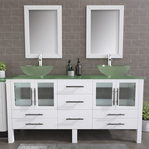 Image of 72" White Vanity Set w/ Glass Top, Double Vessel Sinks, & Freestanding Solid Wood, Cambridge Plumbing 8119BXLW