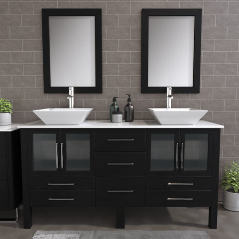 Image of 63" Espresso Vanity Set w/ Porcelain Top, Double Vessel Sinks, & Freestanding Solid Wood, Cambridge Plumbing 8119F