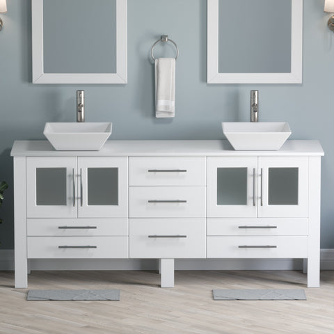 Image of 72" White Vanity Set w/ Porcelain Top, Double Vessel Sinks, & Freestanding Solid Wood, Cambridge Plumbing 8119XLWF