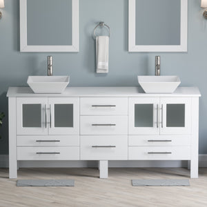 72" White Vanity Set w/ Porcelain Top, Double Vessel Sinks, & Freestanding Solid Wood, Cambridge Plumbing 8119XLWF