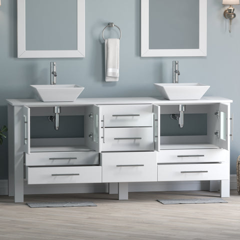 Image of 72" White Vanity Set w/ Porcelain Top, Double Vessel Sinks, & Freestanding Solid Wood, Cambridge Plumbing 8119XLWF