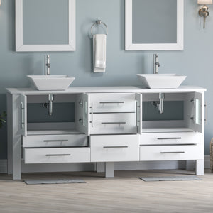 72" White Vanity Set w/ Porcelain Top, Double Vessel Sinks, & Freestanding Solid Wood, Cambridge Plumbing 8119XLWF