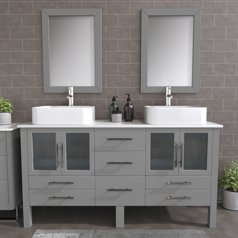 Image of 63" Gray Vanity Set w/ Porcelain Top, Double Vessel Sinks, & Freestanding Solid Wood, Cambridge Plumbing 8119G