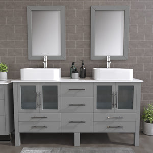 63" Gray Vanity Set w/ Porcelain Top, Double Vessel Sinks, & Freestanding Solid Wood, Cambridge Plumbing 8119G