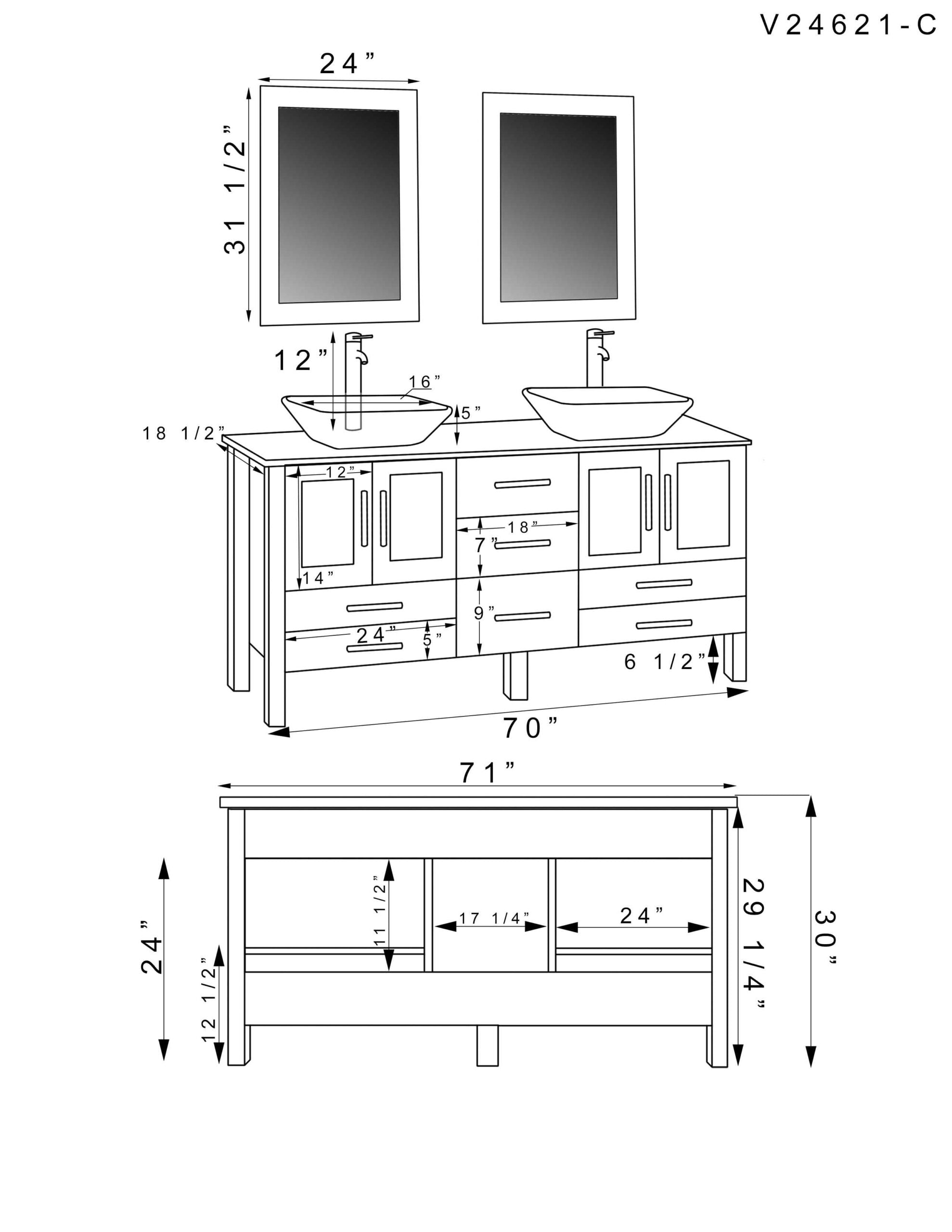 72" White Vanity Set w/ Porcelain Top, Double Vessel Sinks, & Freestanding Solid Wood, Cambridge Plumbing 8119XLWF