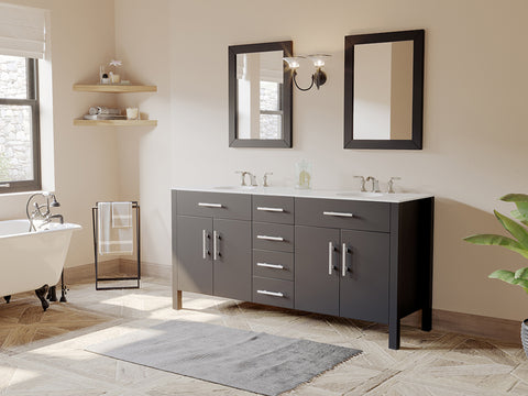 Image of 72” Espresso Vanity Set Freestanding Solid Wood & Porcelain Top Double Vessel Sinks, Cambridge Plumbing 8162