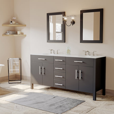 Image of 72” Espresso Vanity Set Freestanding Solid Wood & Porcelain Top Double Vessel Sinks, Cambridge Plumbing 8162