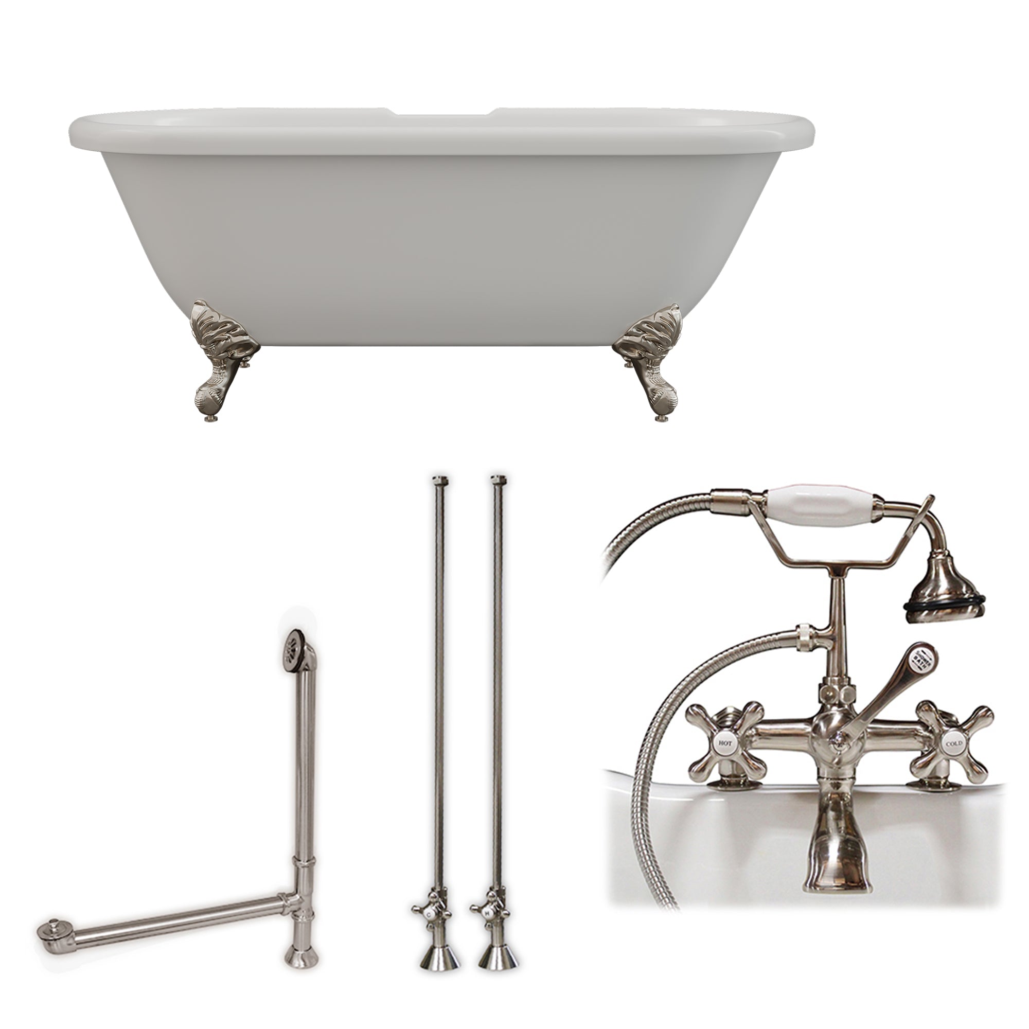 60 Inch Acrylic Double Ended Clawfoot Bathtub Faucet Drillings, Plumbing Package ADE60-463D-2-PKG