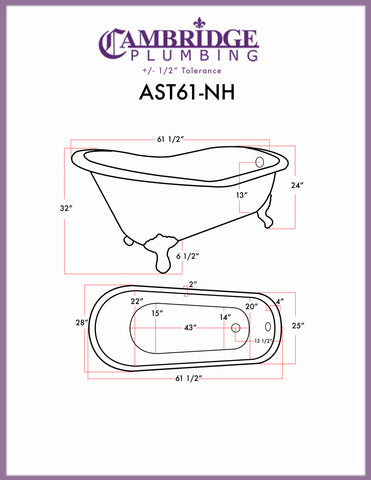 Image of 61 Inch Acrylic Slipper Soaking Tub with Complete Plumbing Package AST61-150-PKG-NH