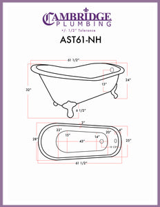 61 Inch Acrylic Slipper Soaking Tub with Complete Plumbing Package AST61-150-PKG-NH