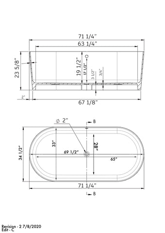 Image of Black and White 71 Inch Engineered Stone FreeStanding Double Ended Soaking Tub ES-FSDE71-B-CP