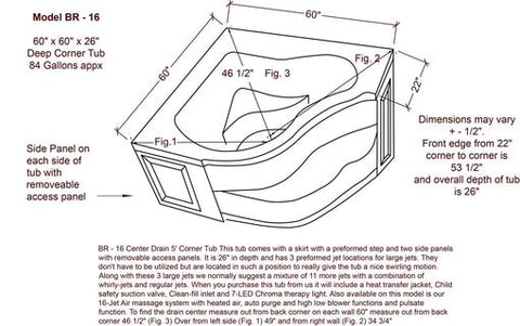 Image of American Acrylic 60" x 60" x 24" Deep Corner Tub BR-16