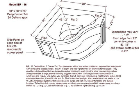 American Acrylic 60" x 60" x 24" Deep Corner Tub BR-16